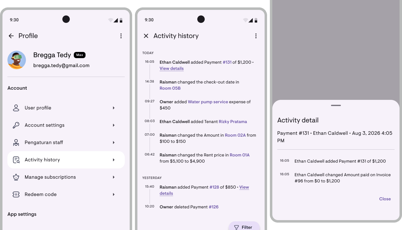 Activity history for the past 6 months