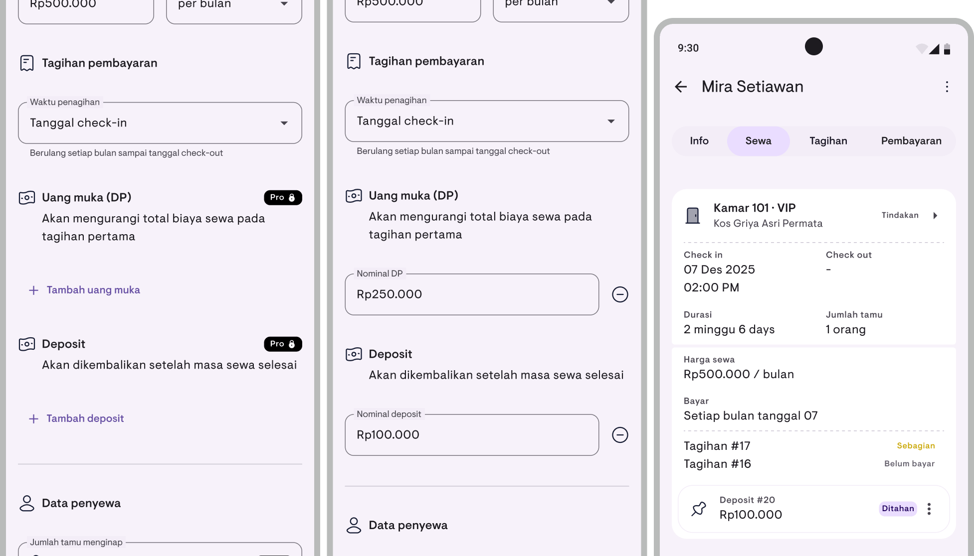 Tampilan kartu Deposit dan Uang muka di detail penyewa Kamaru