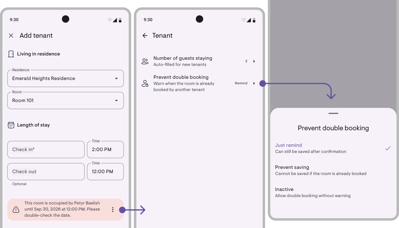 Double booking warning on the add tenant form