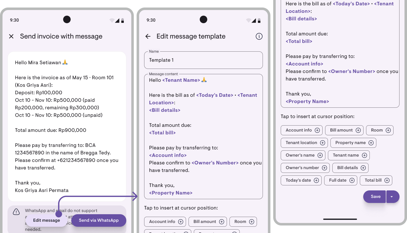 Kamaru invoice message preview with an Edit button and tap-able info (name, room, breakdown, due date, account details, contact)