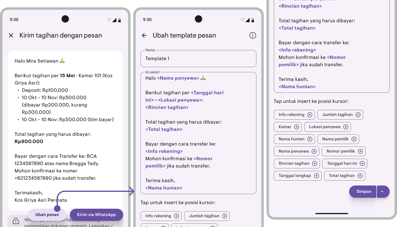 Layar pratinjau pesan tagihan Kamaru dengan tombol Ubah dan info tap-able (nama, kamar, rincian, jatuh tempo, info rekening, kontak)