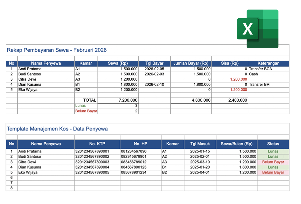 Example Excel template for rent payment recap and tenant data