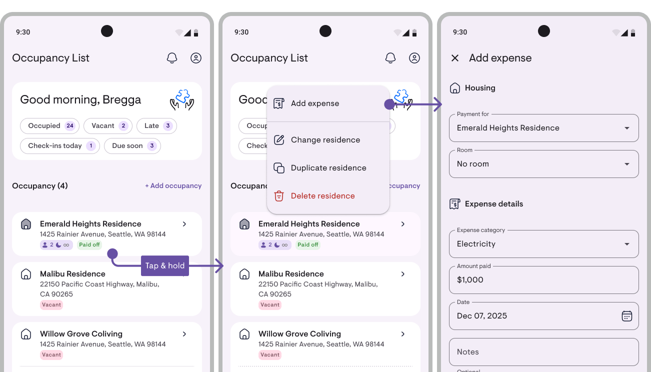 Long-press menu on the property card with the Add expense option