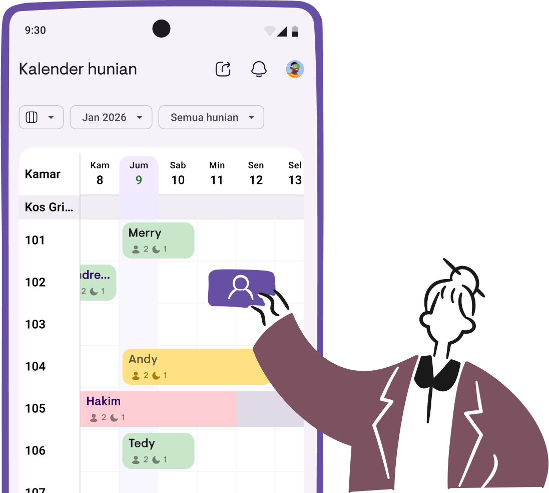 Kalender hunian dengan warna status pembayaran per periode