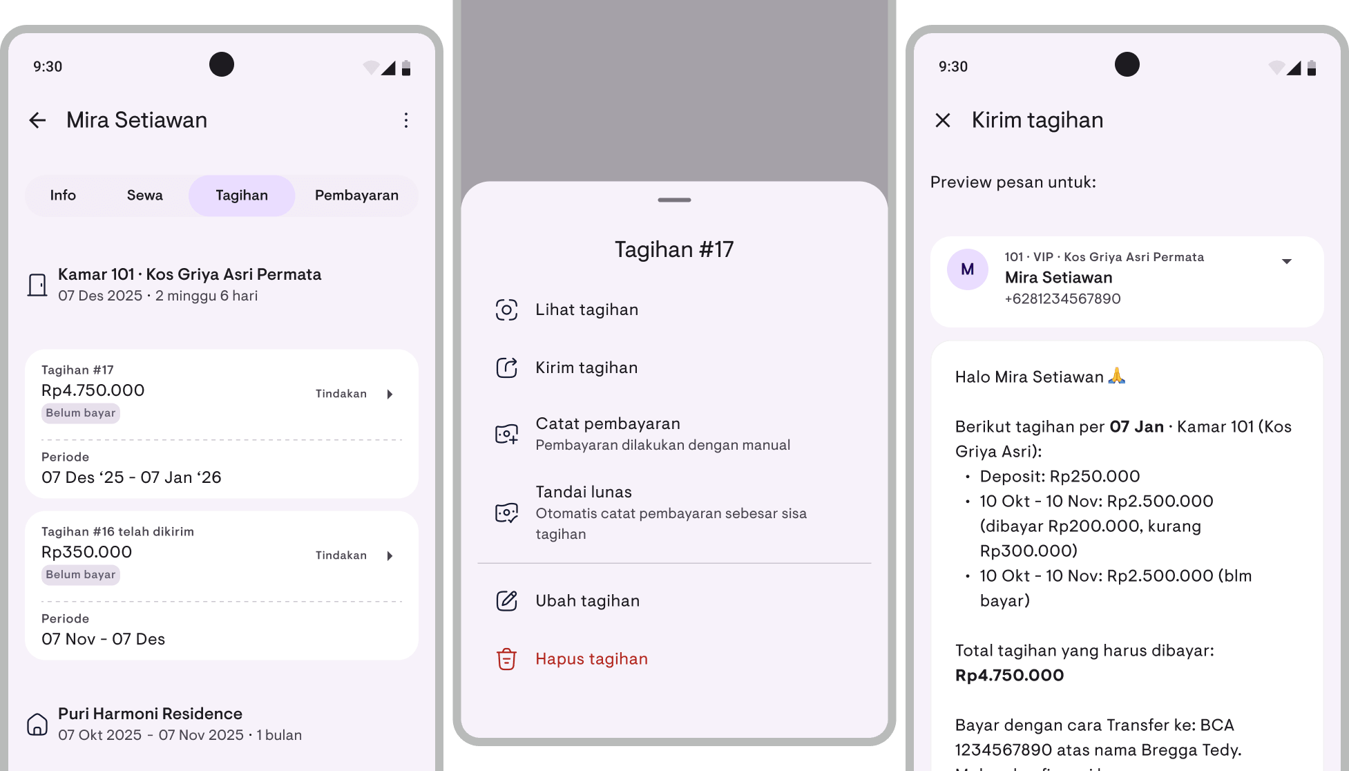 Tampilan tagihan di detail penyewa Kamaru