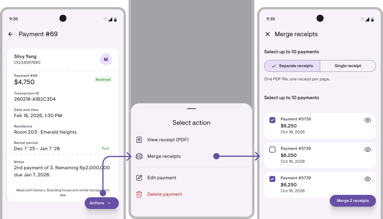 On a payment's detail, Actions opens Choose action, and Combine receipts opens the payment list with a choice of Separate receipts or One receipt