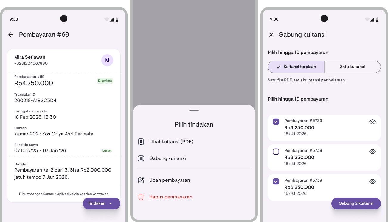 Di detail pembayaran, Tindakan membuka Pilih tindakan, lalu Gabung kuitansi membuka daftar pembayaran dengan pilihan Kuitansi terpisah atau Satu kuitansi