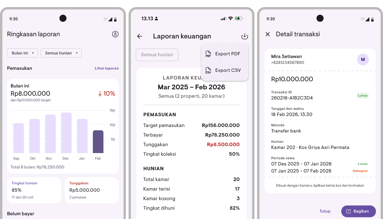 Fitur kalender view dan detail penyewa di aplikasi Kamaru
