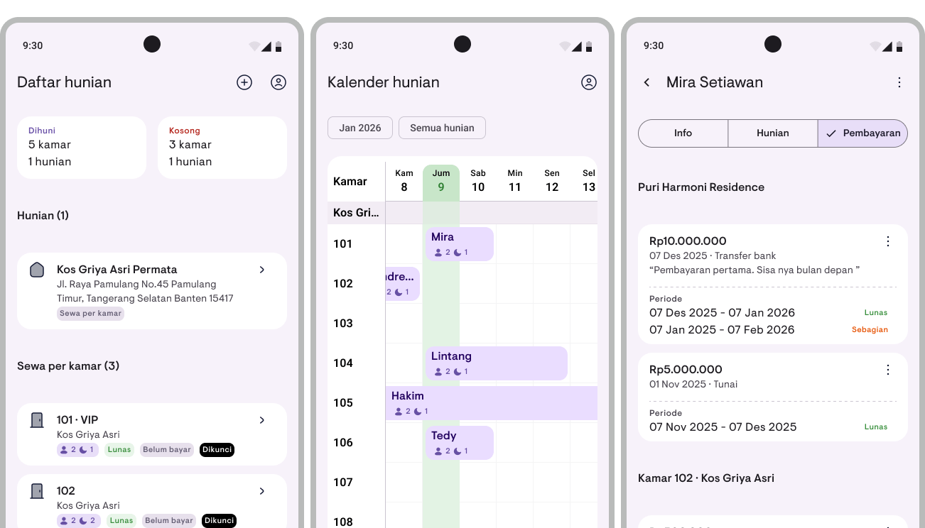 Tampilan utama aplikasi Kamaru menampilkan daftar properti dan ringkasan pembayaran