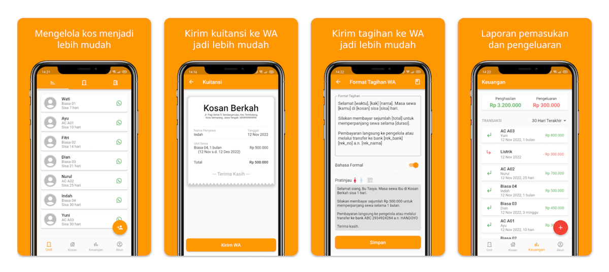 Tampilan aplikasi Kosanku dengan daftar unit dan kuitansi digital