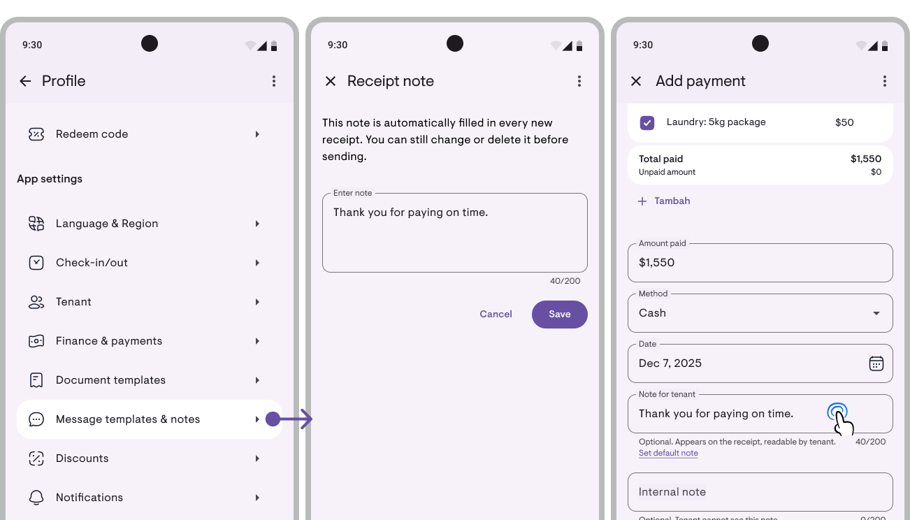 Set default notes for invoice & receipt in Profile