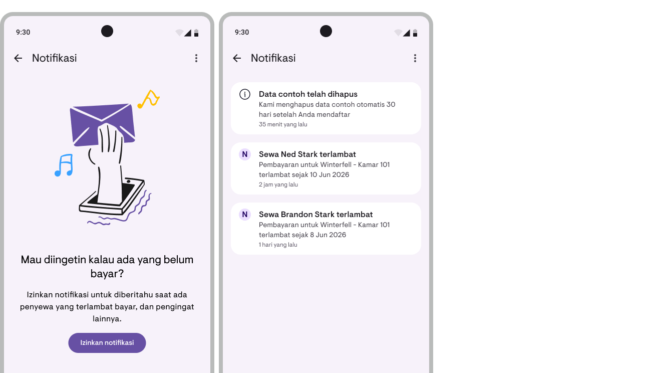 Push notification Kamaru & ikon lonceng dengan badge di layar properti