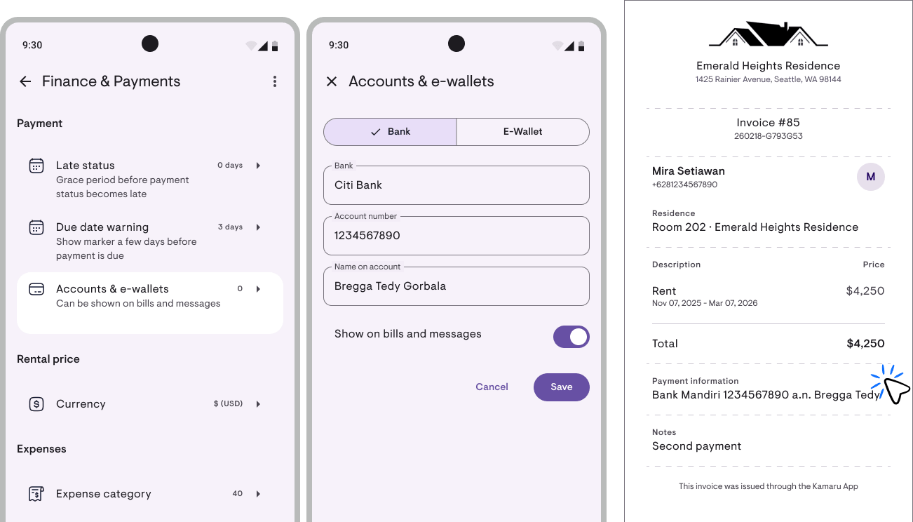Bank & e-wallet accounts in the invoice PDF footer