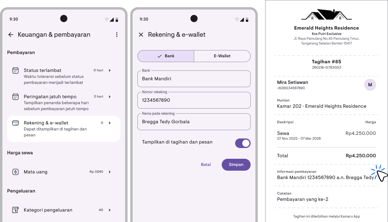 Rekening bank & e-wallet di footer PDF tagihan