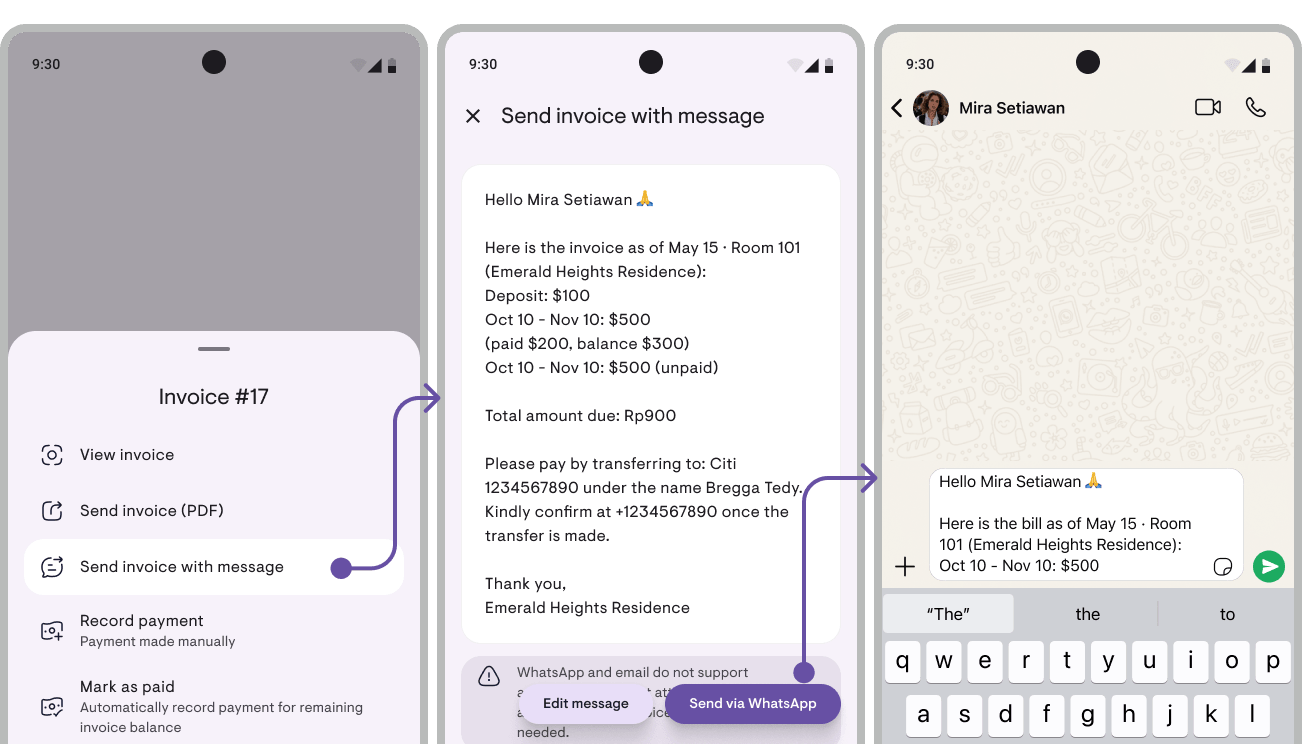 Kamaru invoice Actions menu with the Send invoice with a message option