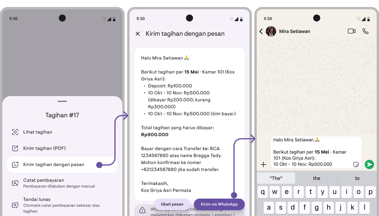 Menu Tindakan pada tagihan Kamaru dengan opsi Kirim tagihan dengan pesan