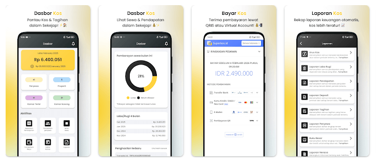 Tampilan aplikasi SuperKos dengan fitur penagihan dan payment gateway