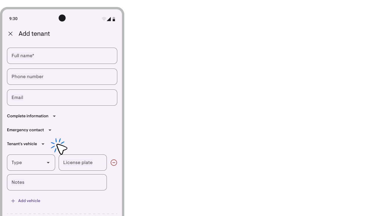 Tenant vehicle entry with the note field