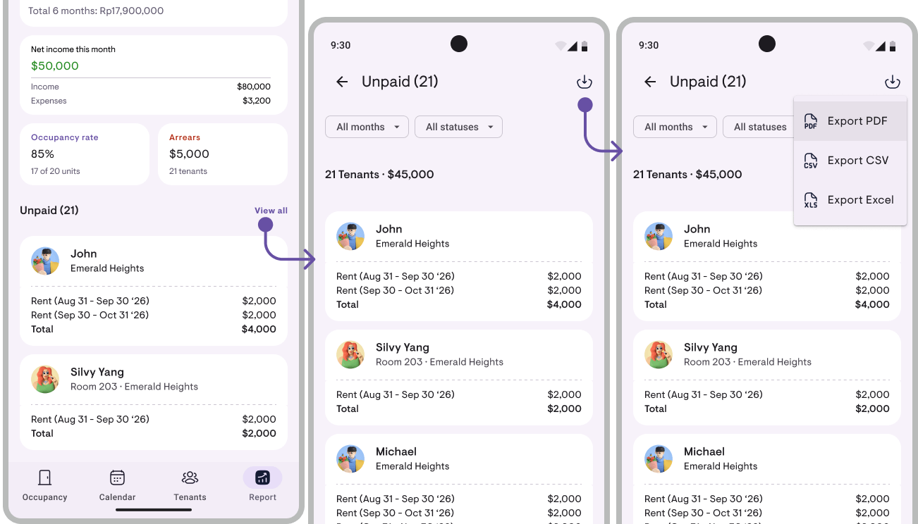 From the Unpaid section on the Reports tab, See all opens the full list with month and status filters, and the download icon offers Export PDF, CSV, or Excel