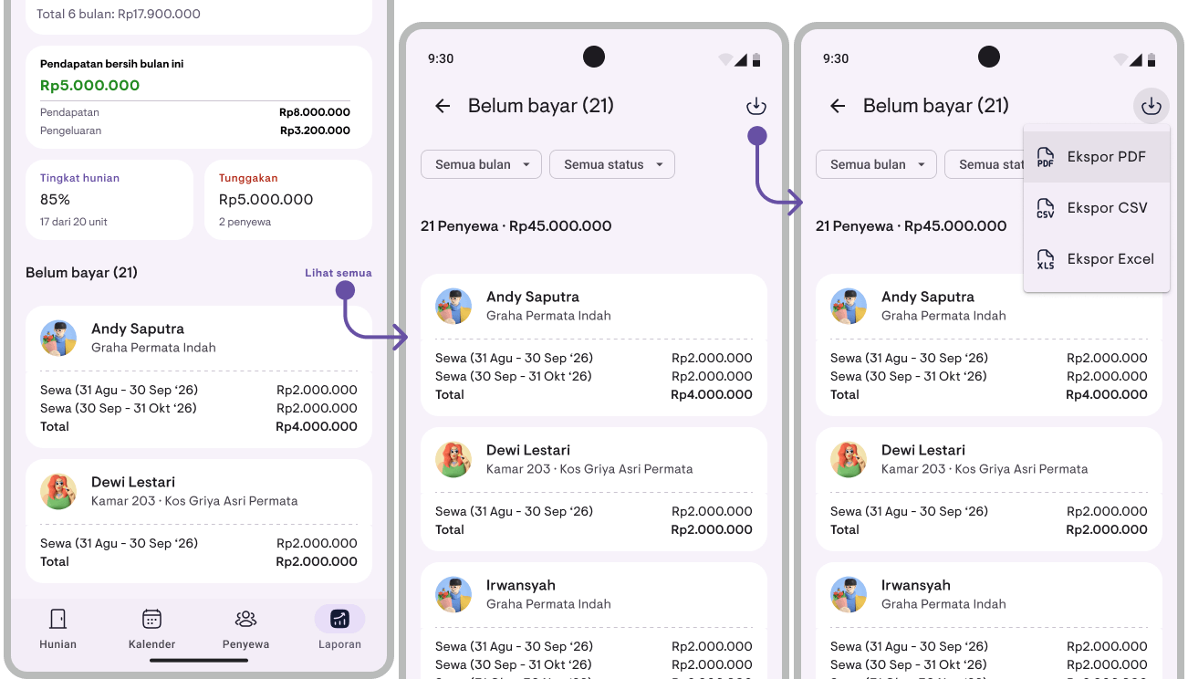 Dari bagian Belum bayar di tab Laporan, Lihat semua membuka daftar lengkap dengan filter bulan dan status, lalu ikon unduh menawarkan Ekspor PDF, CSV, atau Excel