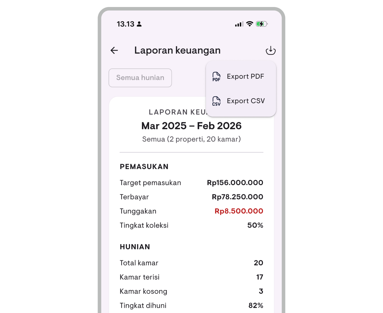 PDF and CSV export buttons