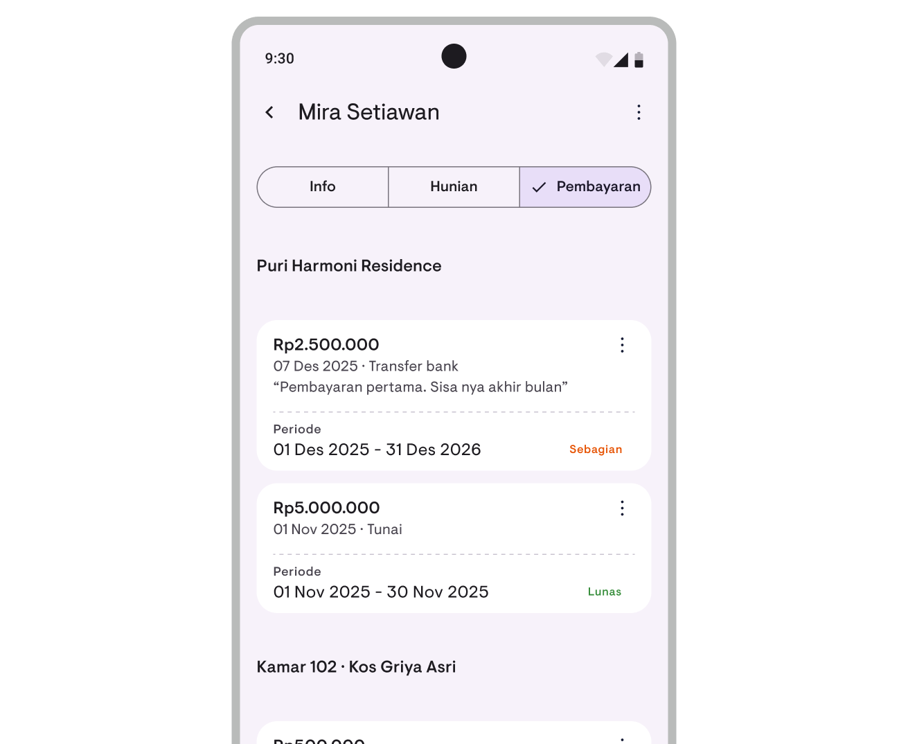 Tenant payment history with status and transaction details