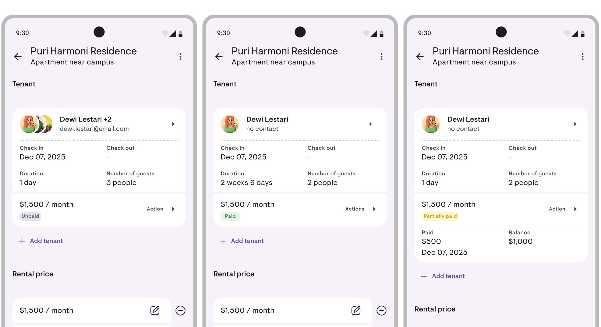 Payment status in Kamaru: Unpaid, Partial, Paid, and Late