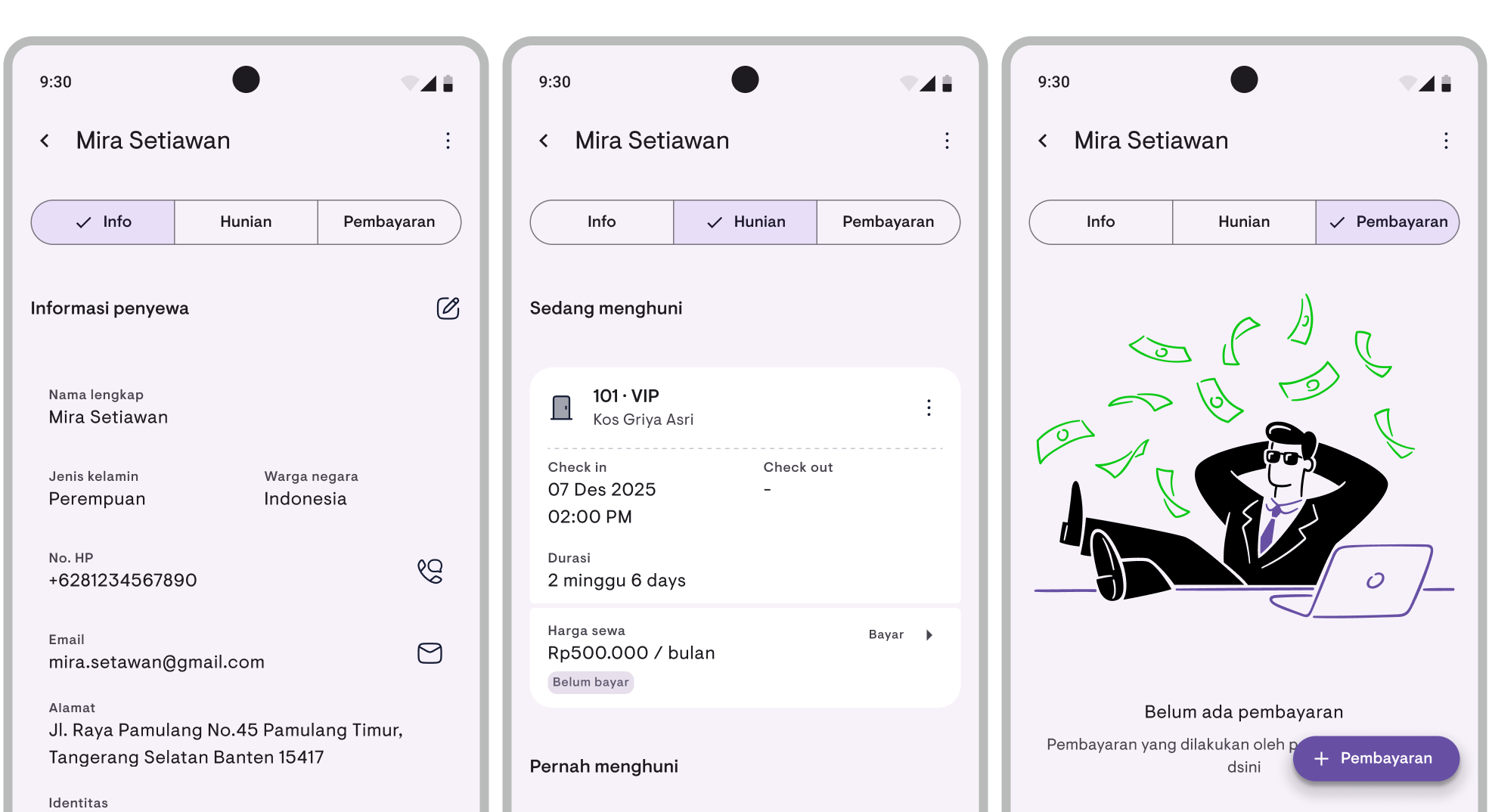 Tenant detail with Info, Occupancy, and Payment tabs